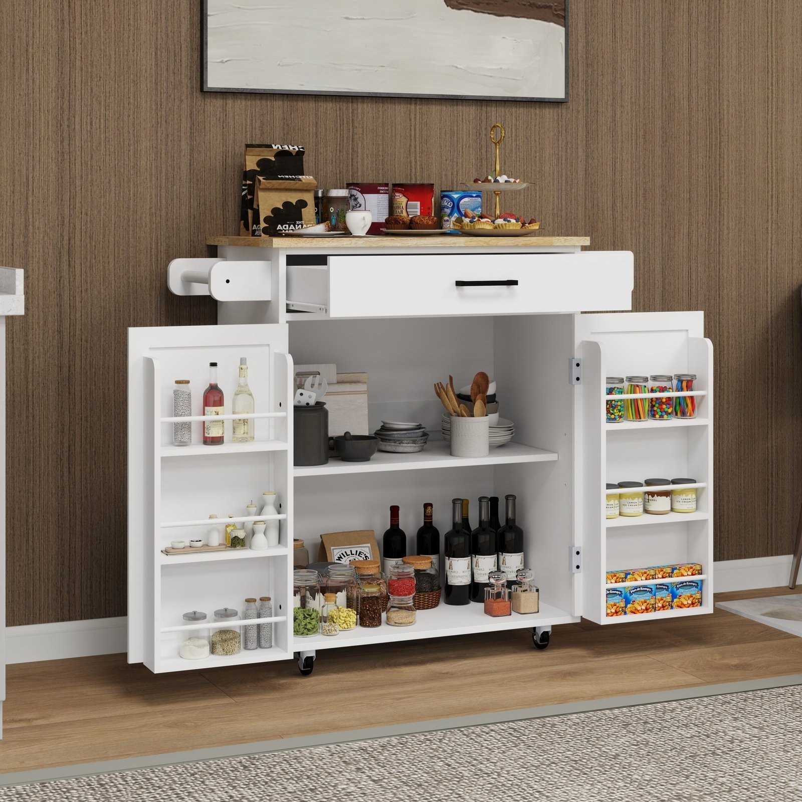Kitchen Island Rolling Trolley Cart With 1 Drawer & 2 Doors With Storage Racks & Adjustable Shelves & Towel Rack & Seasoning Rack Rubber Wood Table Top-White - Image 3