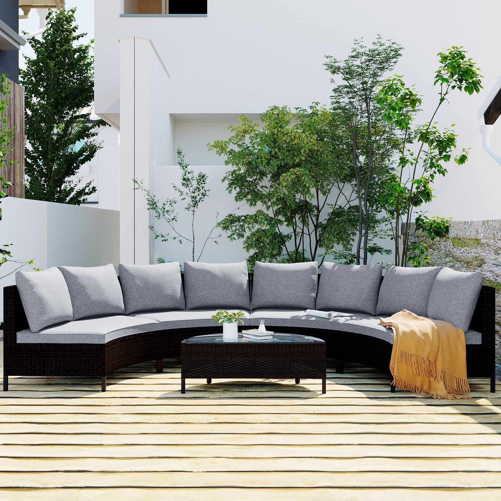 TOPMAX 5 Pieces All-Weather Brown PE Rattan Wicker Sofa Set Outdoor Patio Sectional Furniture Set Half-Moon Sofa Set With Tempered Glass Table, Grey - Image 5