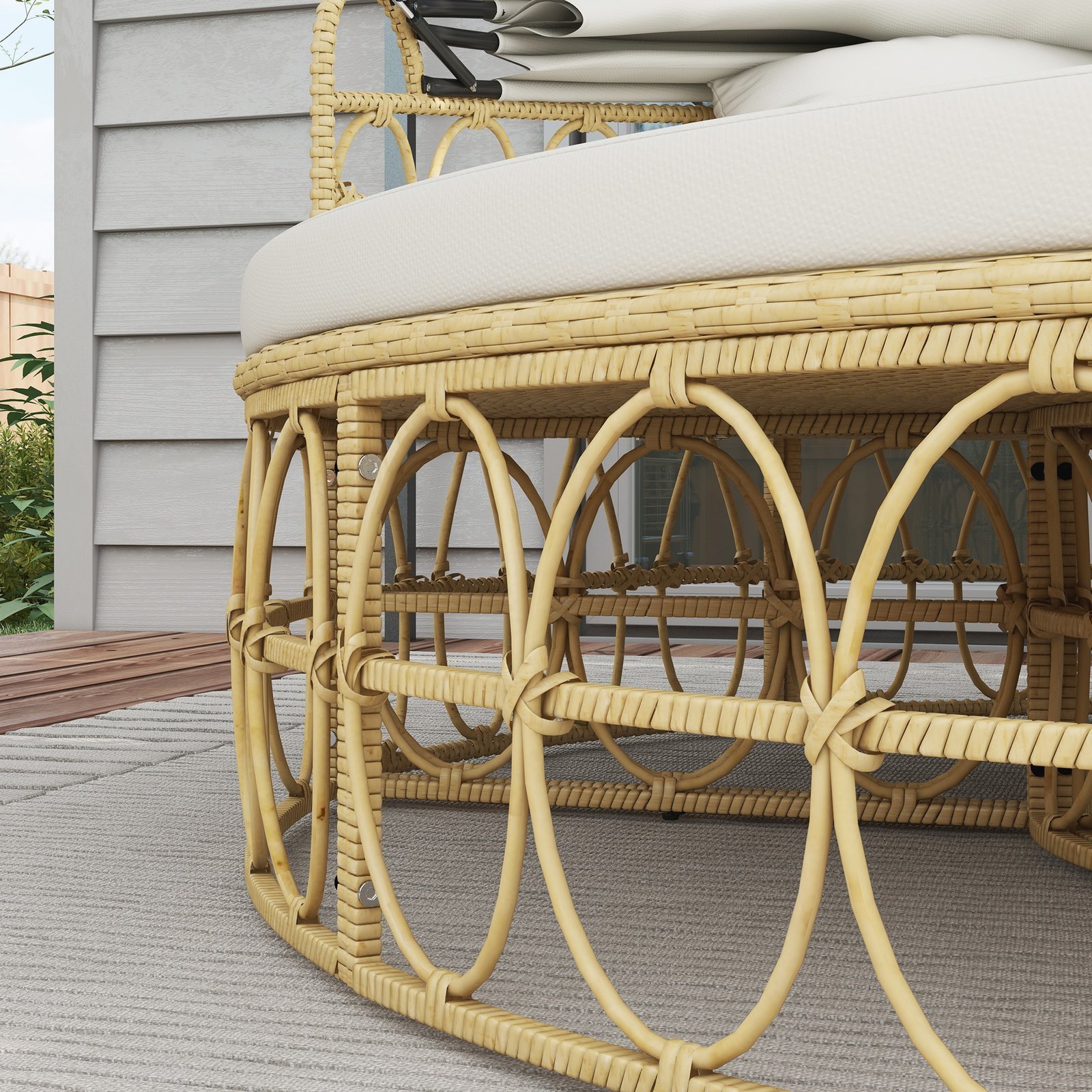 Patio Furniture Set, Round Outdoor Daybed with Retractable Canopy, Hollow Wicker PE Rattan Sectional Sofa with Washable Couch Cushions for Pool, Lawn, Cream White - Image 4