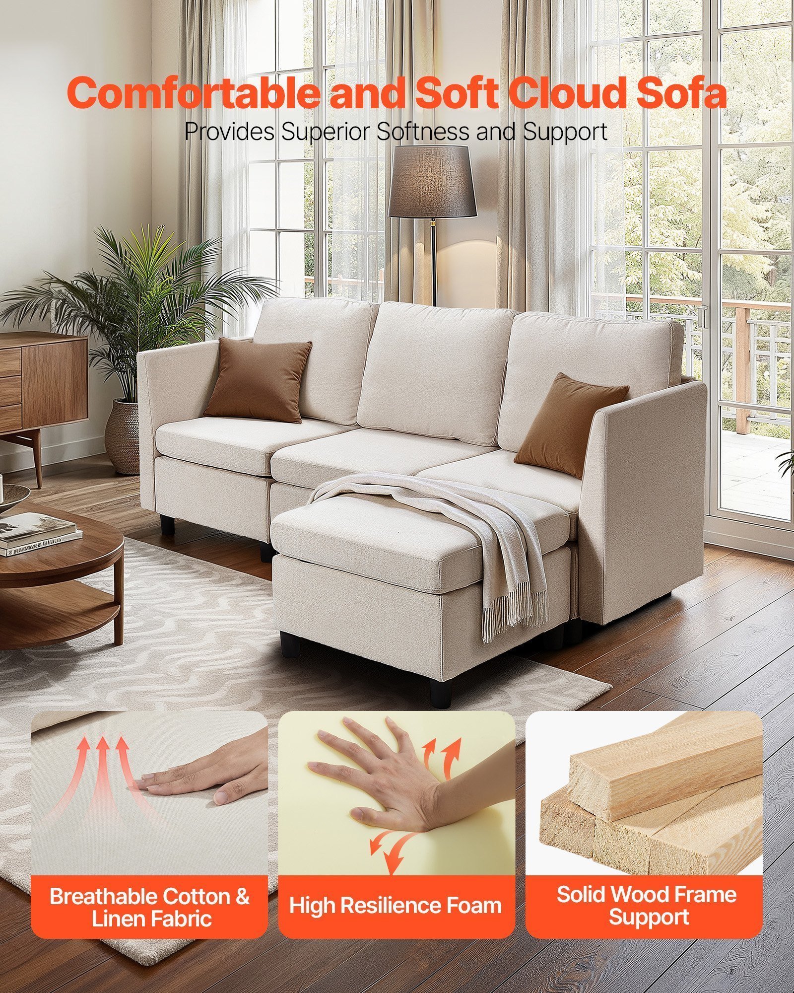Modular Sectional Sofa, 3-Seater Modular Sofa With Hidden Storage, Cloud Sectional Couch With Ottoman & High Rebound Sponge, Solid Wood Frame Upholstered Couch For Living Room, Bedroom, Beige - Image 5