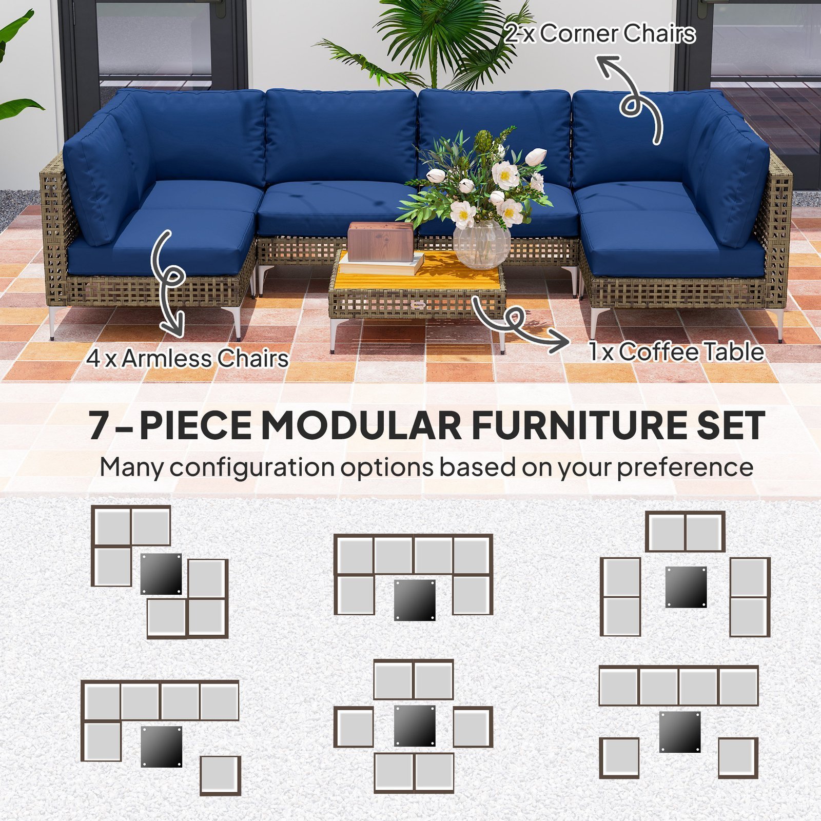 7 Piece Wicker Patio Furniture Set, Modular Outdoor Sectional With Thickened Cushions, Acacia Wood Table, Brown Blue - Image 3