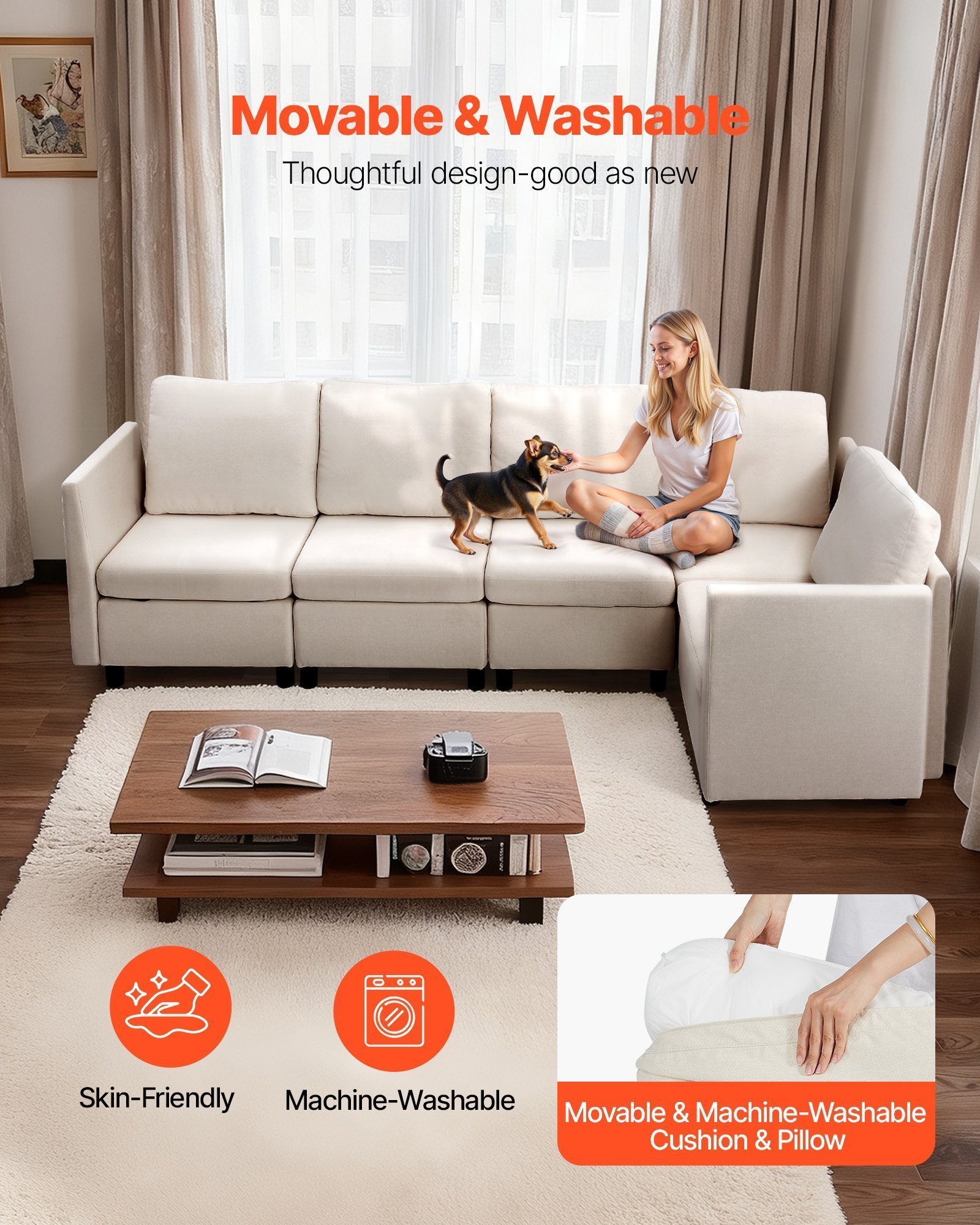 Modular Sectional Sofa, Modern 5-Seater Modular Sofa With Hidden Storage, Cloud Sectional Couch With High Rebound Sponge, Solid Wood Frame Upholstered Comfy Couch For Living Room, Bedroom, Beige - Image 4