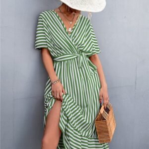 European And American Spring And Summer  Cross V-neck Lace-up Striped Dress