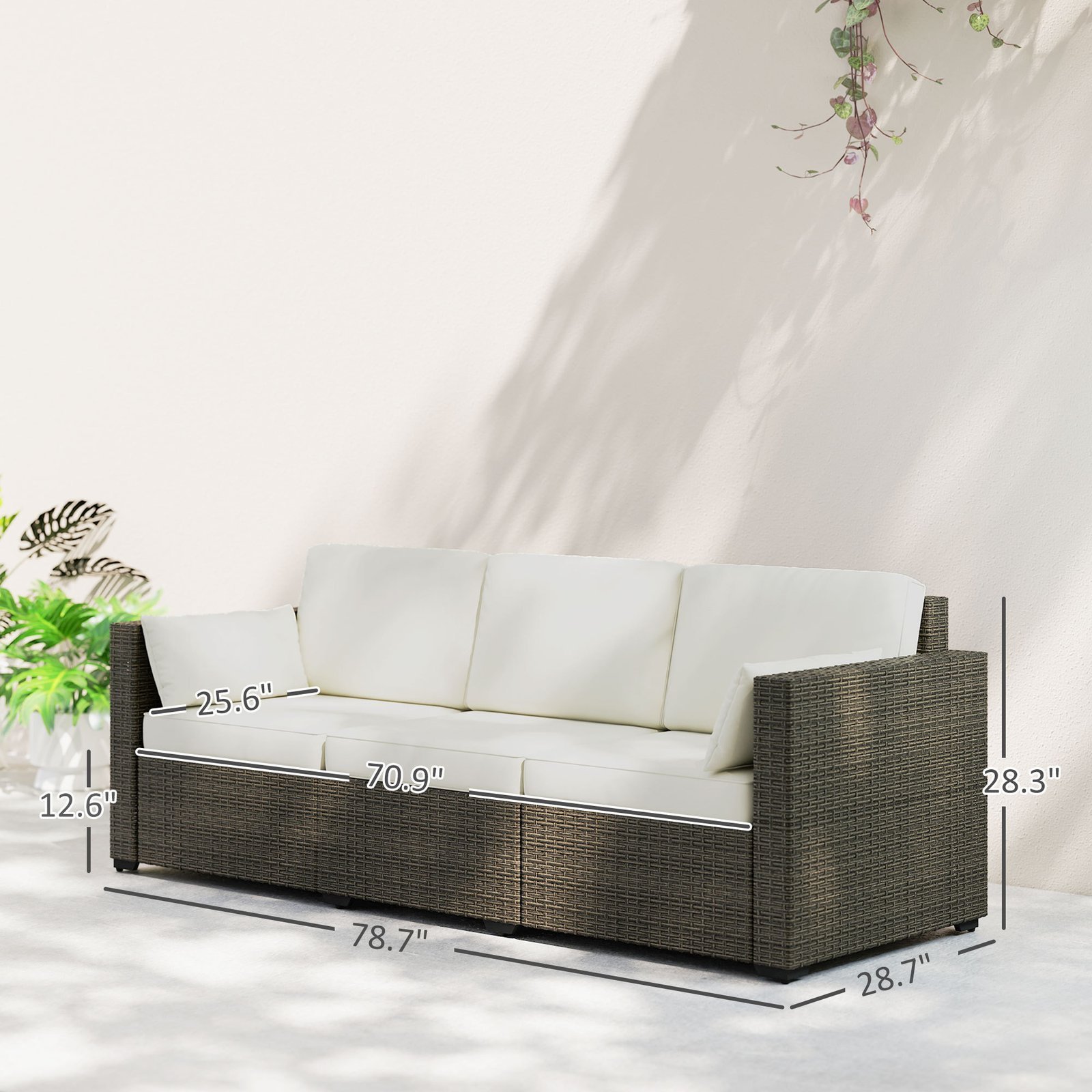 Patio Couch PE Wicker Deep Seating Outdoor Sofa With Removable Cushions, 3 Seater Rattan Sofa, Outdoor Furniture For Balcony, Deck, Garden And Poolside, Cream White - Image 2