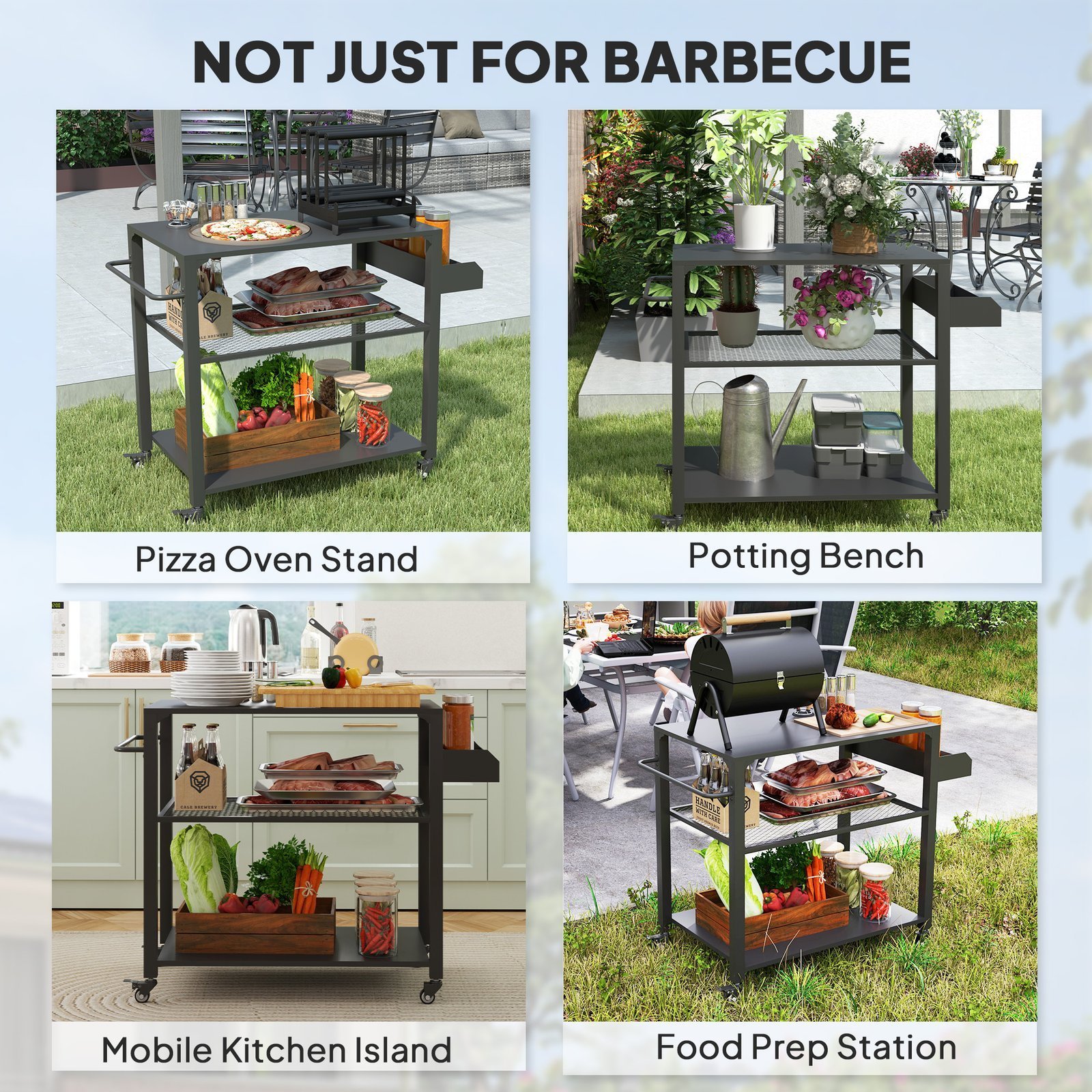 3-Tier Outdoor Grill Cart with Storage Racks, Side Handle, Movable Pizza Oven Table on Wheels - Image 7