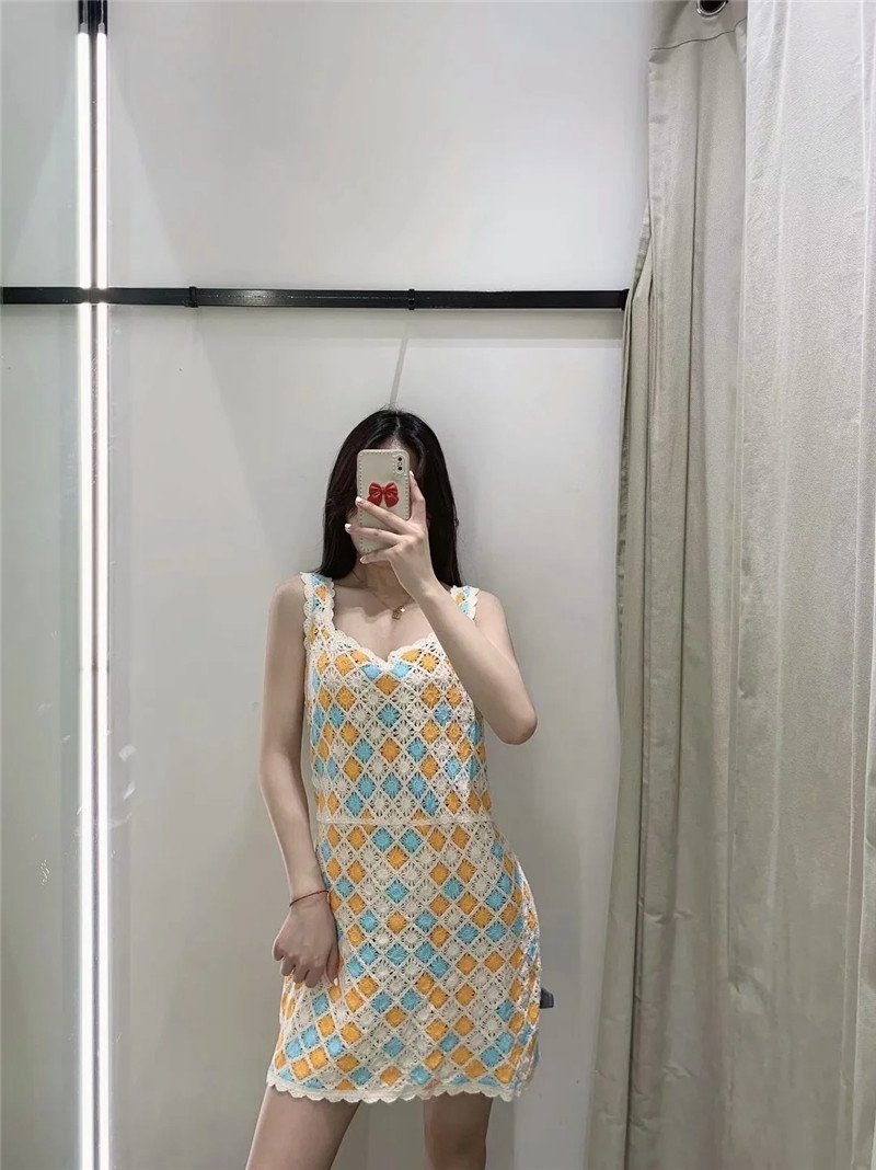 Early Autumn High-waist Sling Diamond Crochet Mini Dress Casual Short Skirt - Image 2