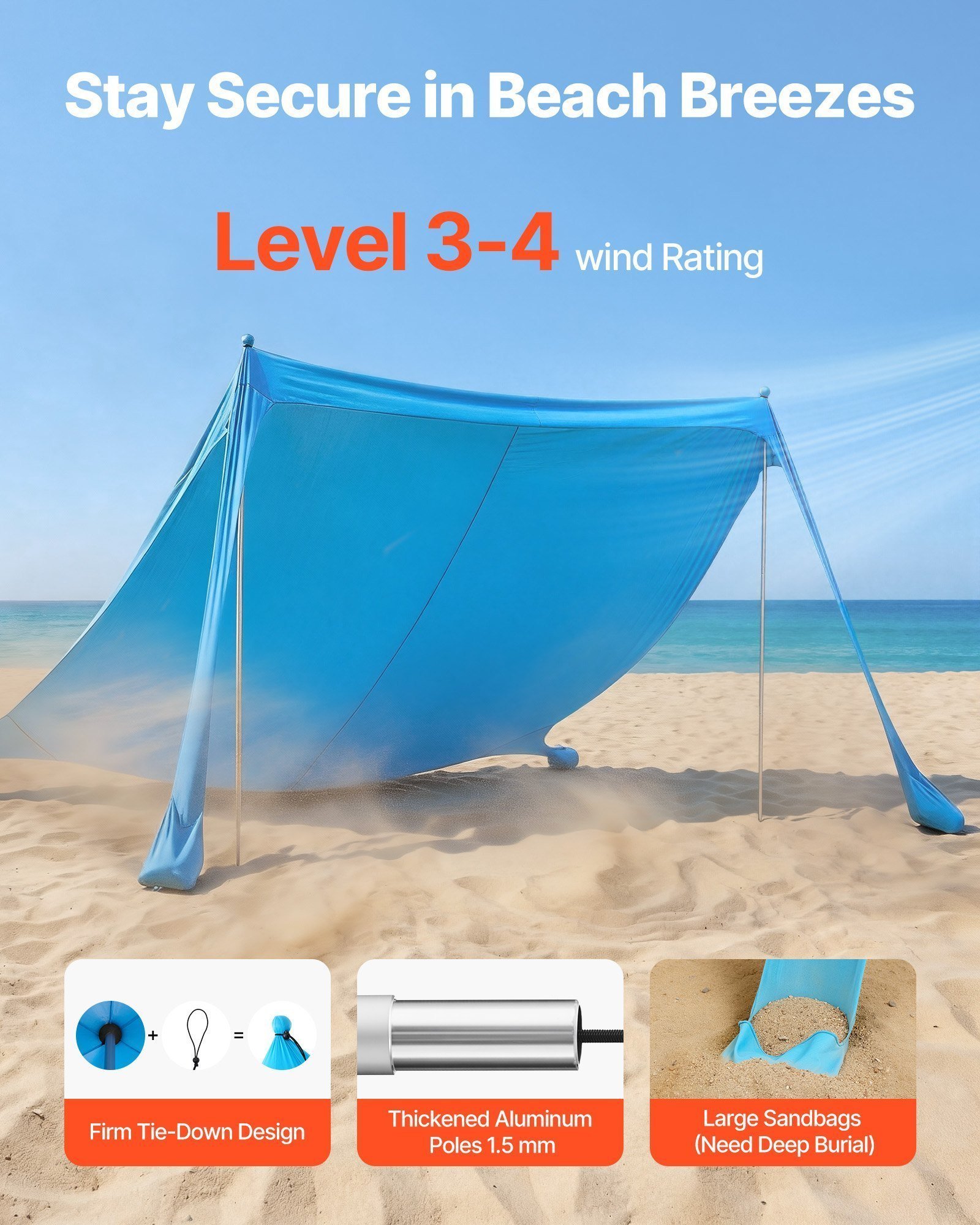 Beach Tent Sun Shelter, UPF50+ Sun Protection, 6.6 Ft Tall, 11 X 11 Ft, Easy Pop Up Beach Canopy With Sandbags, Stability Poles, Sand Shovels, Portable Shade For Family Outings, Camping, Fishing - Image 5