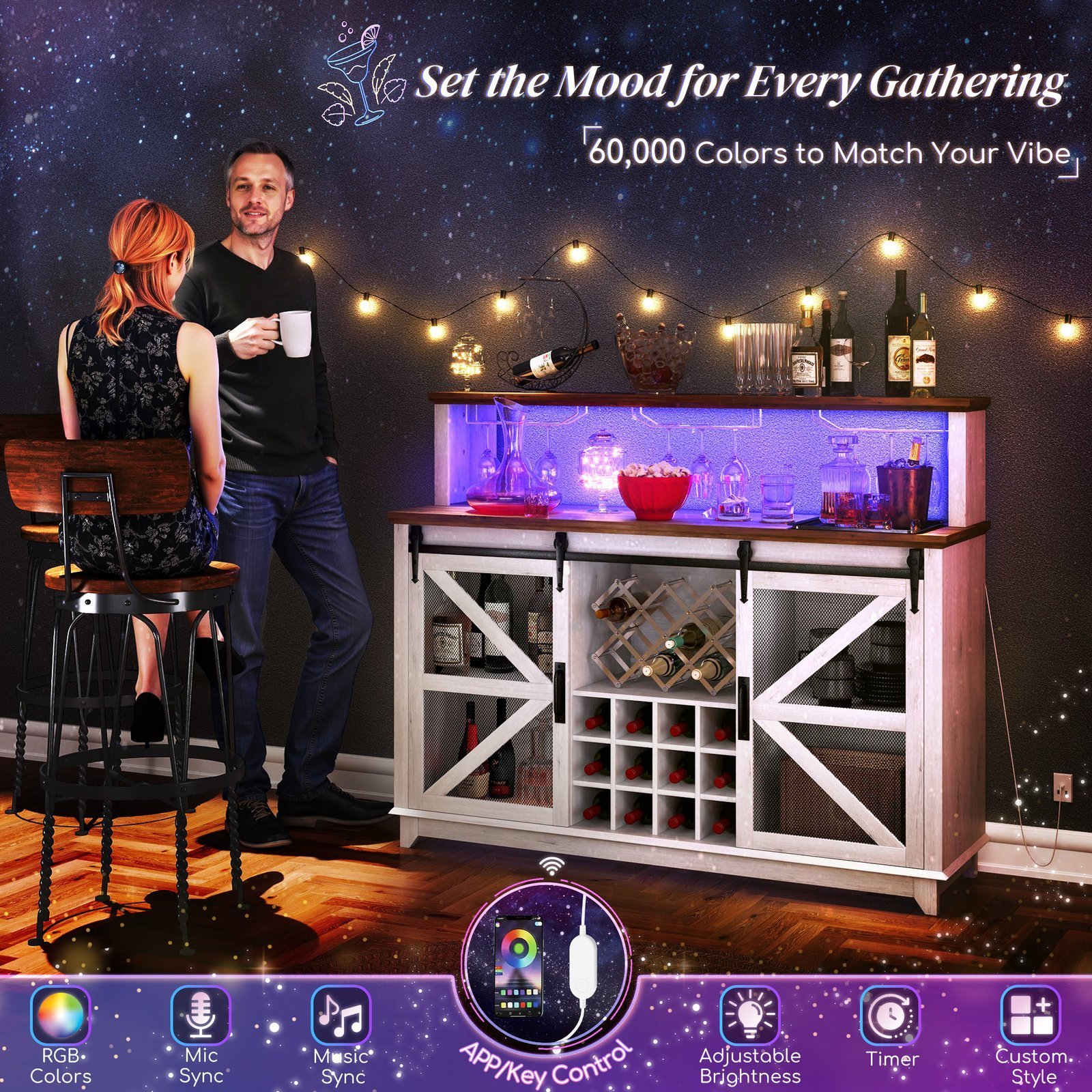 55" Coffee Bar Cabinet with Lights, Farmhouse Wine Cabinet with Wine and Glass Racks for Kitchen, Dining Room, White - Image 8
