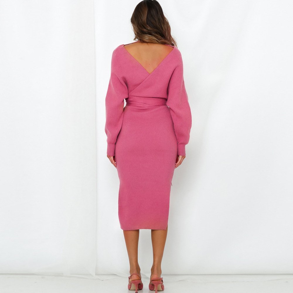 The Autumn And Winter Knitted Dress Slim Double V-Neck Sweater Skirt Can Be Used As A Cross-Border Amazon Product - Image 9