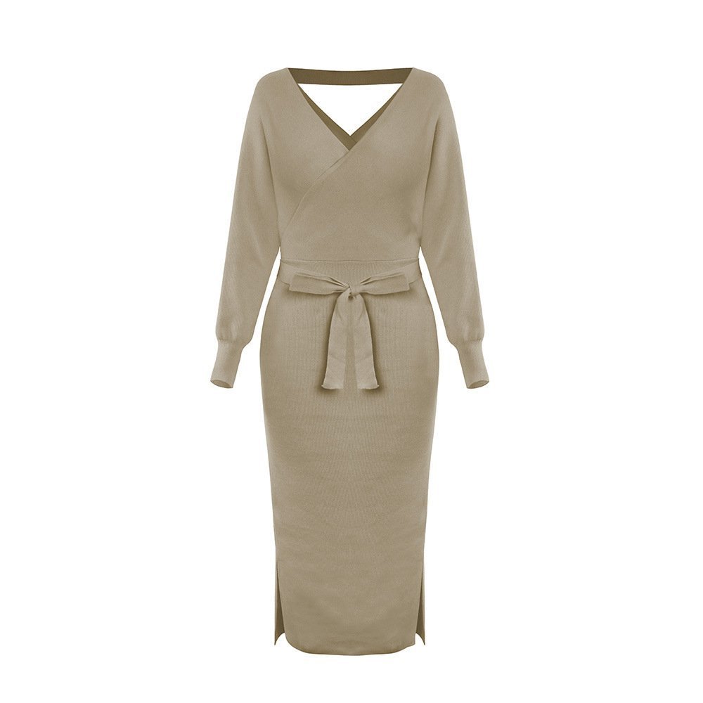 The Autumn And Winter Knitted Dress Slim Double V-Neck Sweater Skirt Can Be Used As A Cross-Border Amazon Product - Image 6