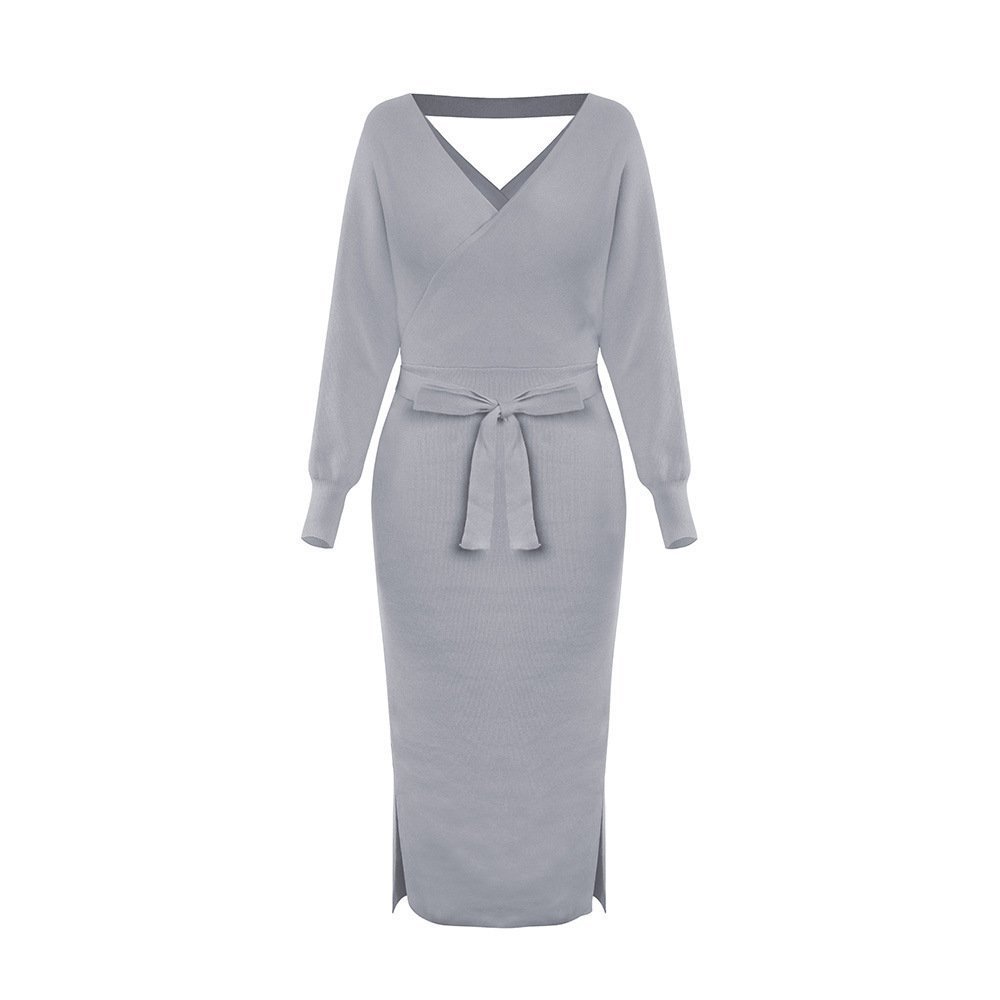 The Autumn And Winter Knitted Dress Slim Double V-Neck Sweater Skirt Can Be Used As A Cross-Border Amazon Product - Image 2