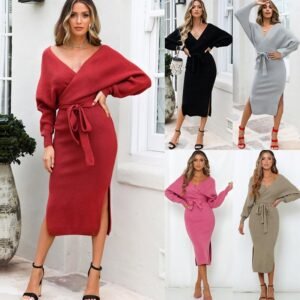 The  Autumn And Winter Knitted Dress Slim Double V-Neck Sweater Skirt Can Be Used As A Cross-Border Amazon Product