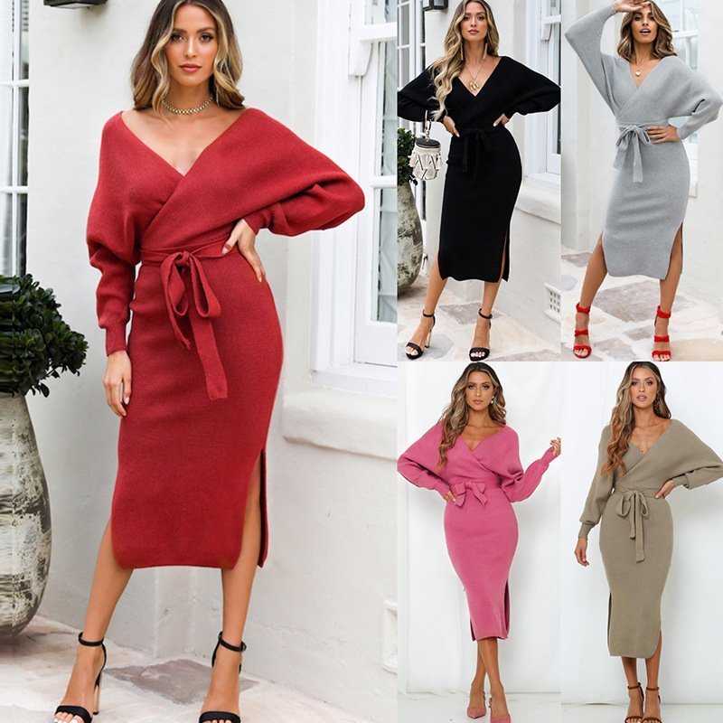 The Autumn And Winter Knitted Dress Slim Double V-Neck Sweater Skirt Can Be Used As A Cross-Border Amazon Product