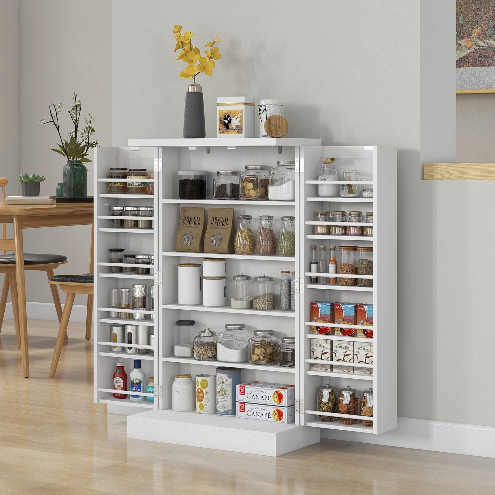 Freestanding Kitchen Pantry, Kitchen Storage Cabinet with 5-Tier Shelf, 12 Spice Racks, Adjustable Shelves, White - Image 2