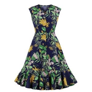 Women'S V-Neck Ruffle Skirt Printed Sleeveless Dress