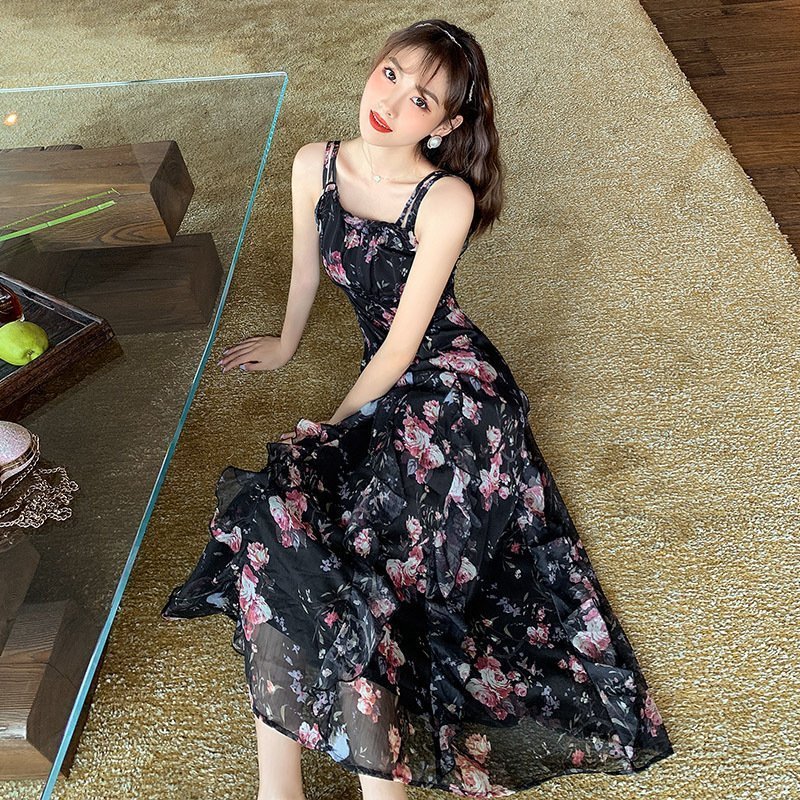 Printed A-line Skirt Summer Temperament Was Thin Suspender Skirt