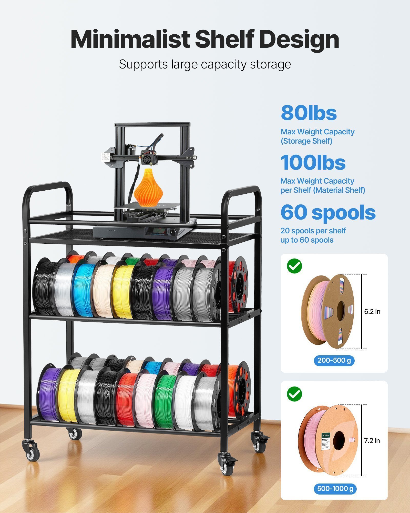 3D Printer Filament Storage Rack, 3 Tier Heavy Duty Storage Shelf, Rolling Filament Spool Holders Racks With Wheels, Filaments Organzied For 3D Printing Station, Office, Workshop (Shelf Only) - Image 4