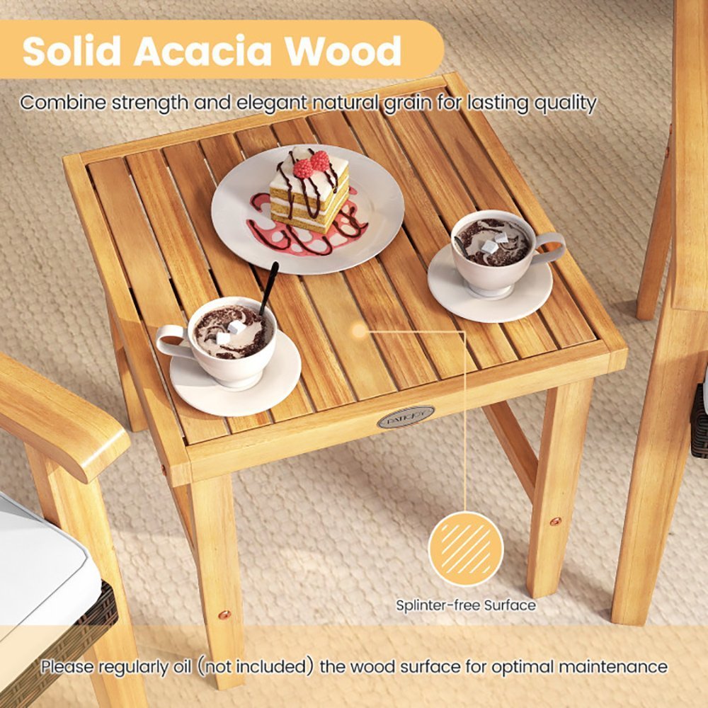 3 Pieces Patio PE Wicker Furniture Set Acacia Wood Outdoor Conversation Bistro Set - Image 8