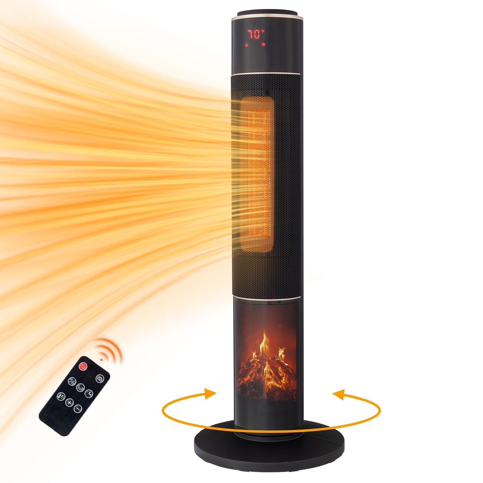 33inch Tower Space Heater With 3D Flame, 1500W Portable Electric Heater With Thermostat, 60 Degrees Oscillation, Timer, Remote Control, For Indoor Bedroom Office Home, Black - Image 9