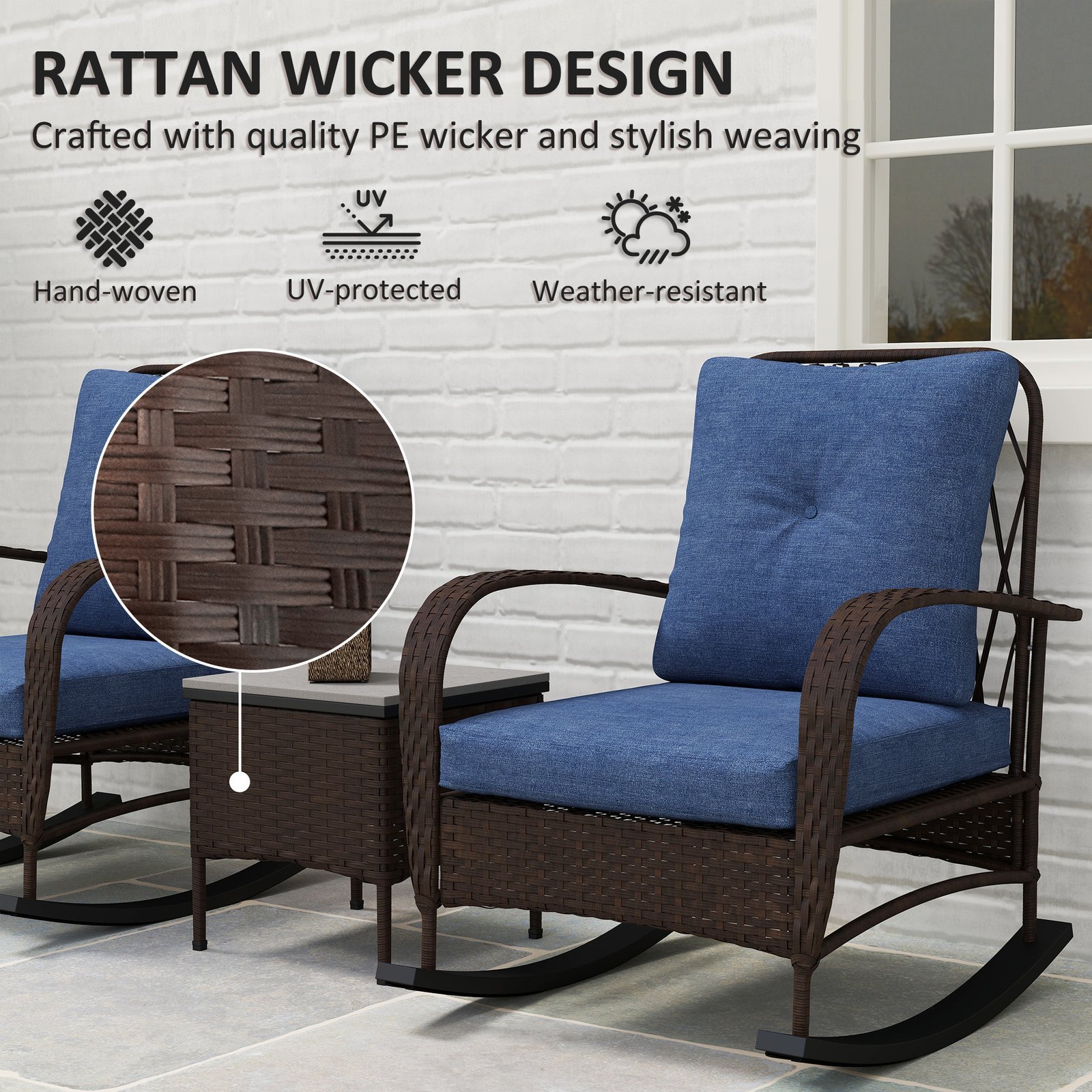3 Piece Wicker Patio Furniture Set, Outdoor PE Rattan Rocking Chairs With Coffee Table, Cushions For Porch, Brown - Image 5