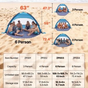 Beach Tent Sun Shelter For 6 Person, UPF 50+ Protection, Portable Sun Shade Canopy With Carrying Bag & Sand Pockets, Lightweight And Easy Setup Beach Umbrella For Camping Fishing Outdoor Picnic
