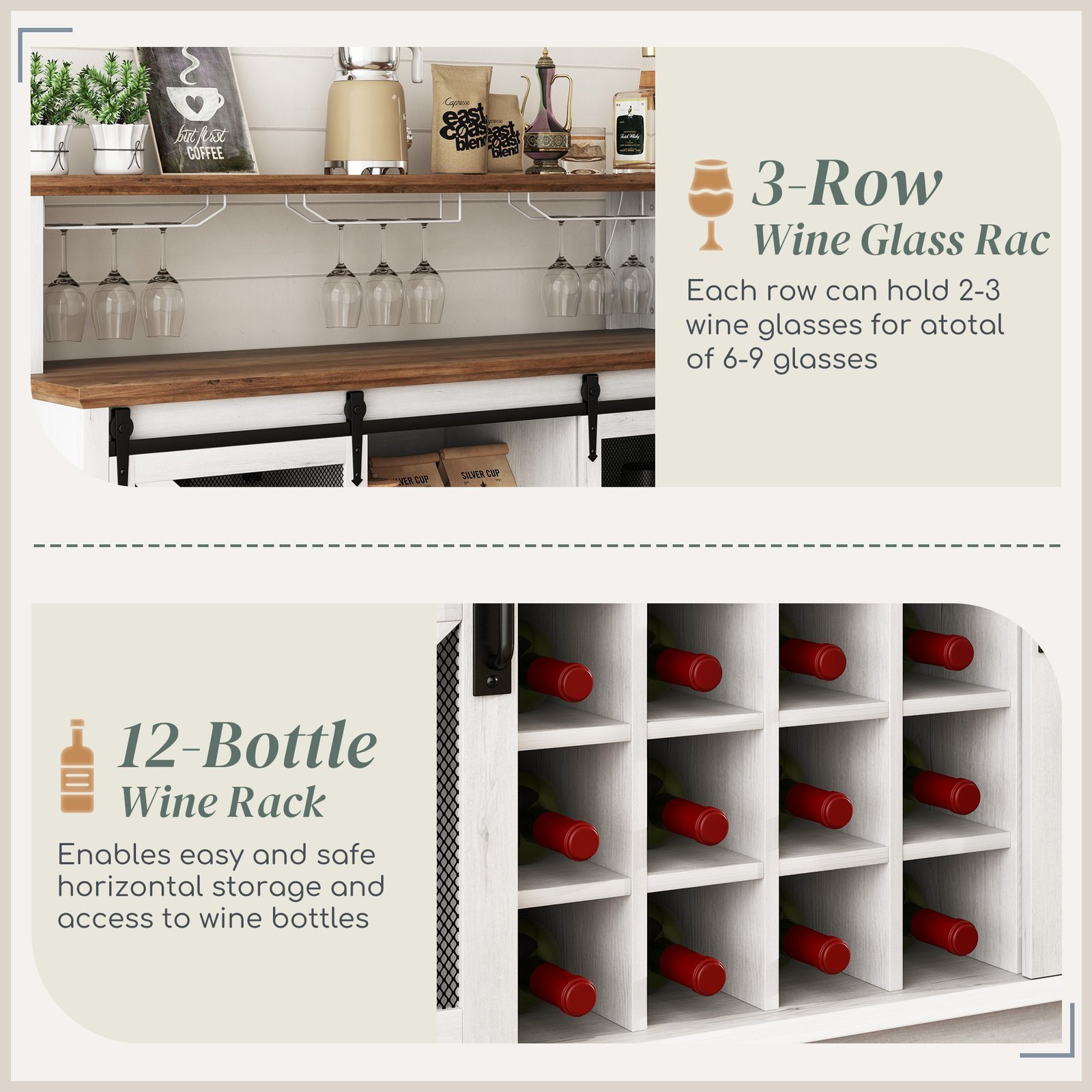 55" Coffee Bar Cabinet with Lights, Farmhouse Wine Cabinet with Wine and Glass Racks for Kitchen, Dining Room, White - Image 3