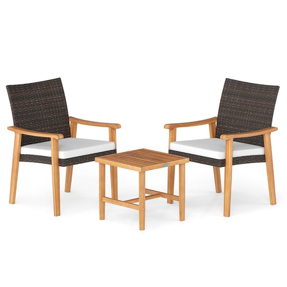3 Pieces Patio PE Wicker Furniture Set Acacia Wood Outdoor Conversation Bistro Set - Image 6