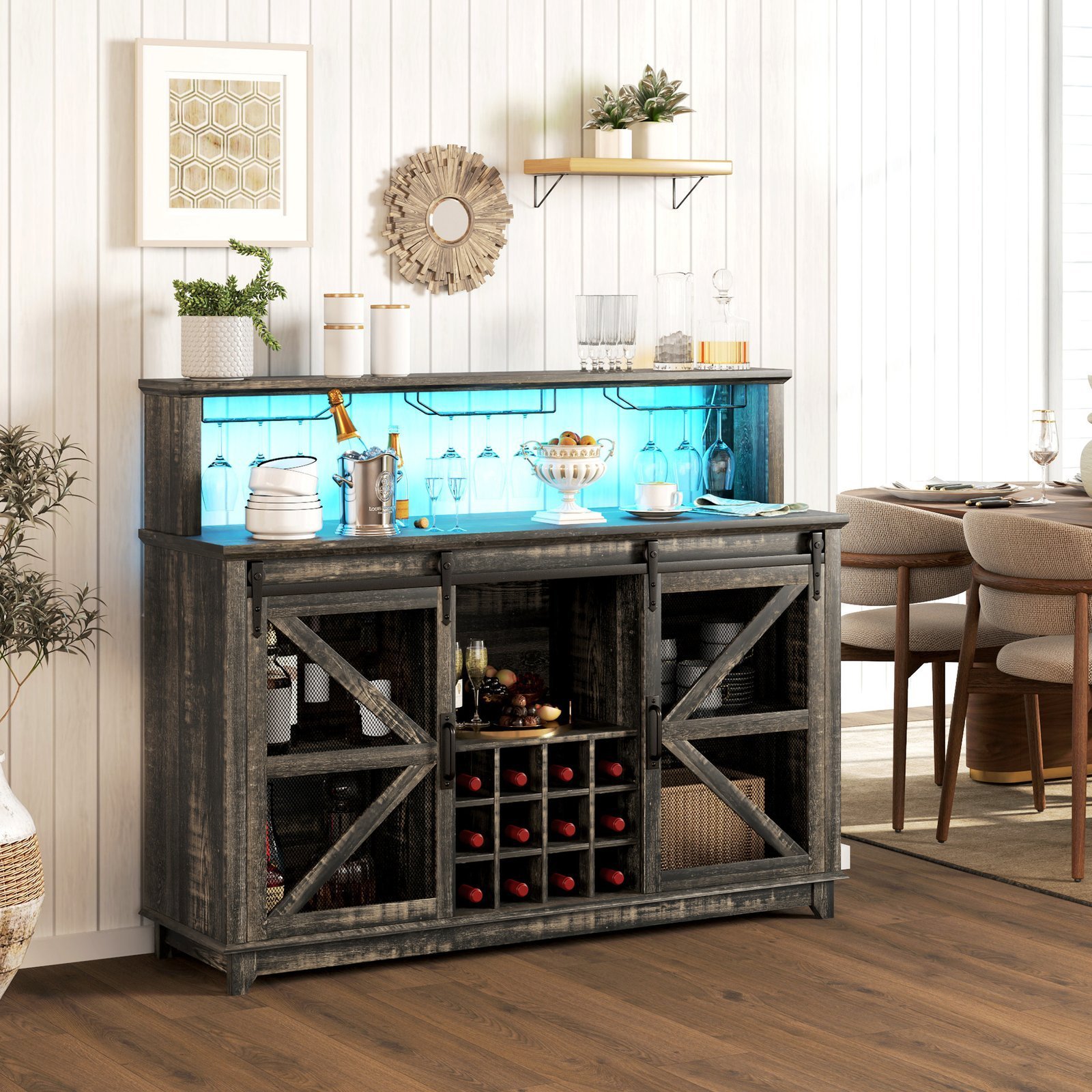 55" Coffee Bar Cabinet with Lights, Farmhouse Wine Cabinet with Wine and Glass Racks for Kitchen, Dining Room, Brown - Image 7