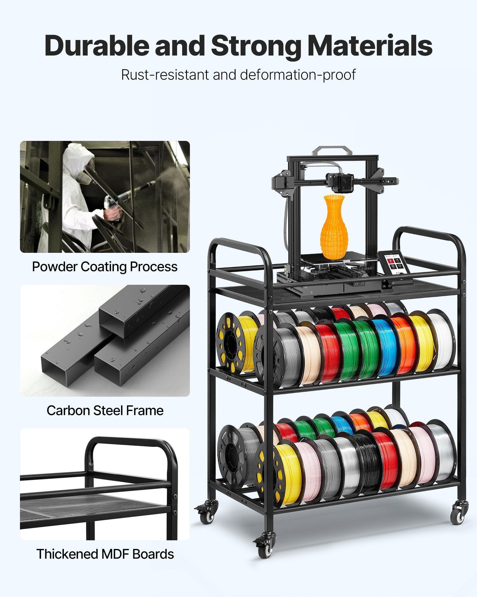 3D Printer Filament Storage Rack, 3 Tier Heavy Duty Storage Shelf, Rolling Filament Spool Holders Racks With Wheels, Filaments Organzied For 3D Printing Station, Office, Workshop (Shelf Only) - Image 3