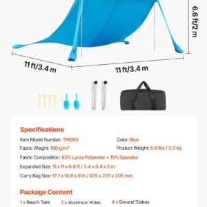 Beach Tent Sun Shelter, UPF50+ Sun Protection, 6.6 Ft Tall, 11 X 11 Ft, Easy Pop Up Beach Canopy With Sandbags, Stability Poles, Sand Shovels, Portable Shade For Family Outings, Camping, Fishing