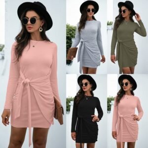 Hot Long Sleeve Round Neck Tie Solid Color Dress