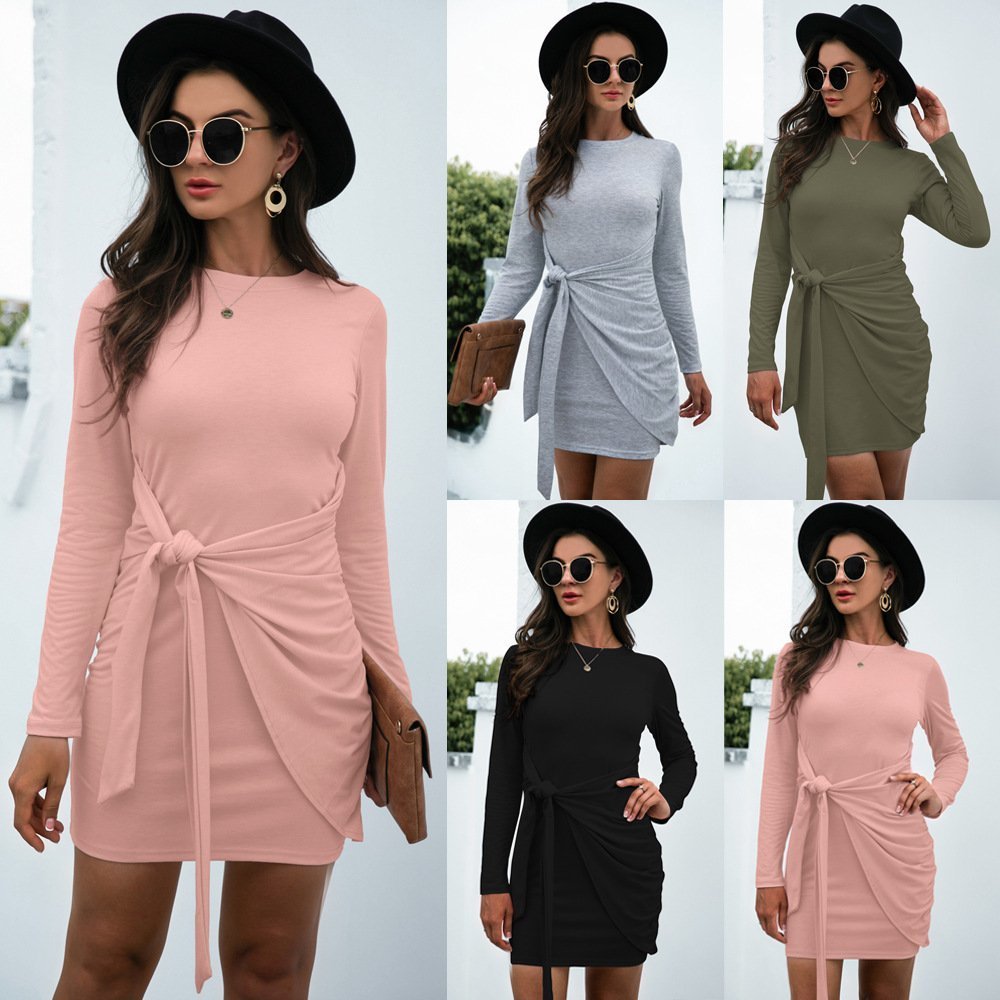 Hot Long Sleeve Round Neck Tie Solid Color Dress