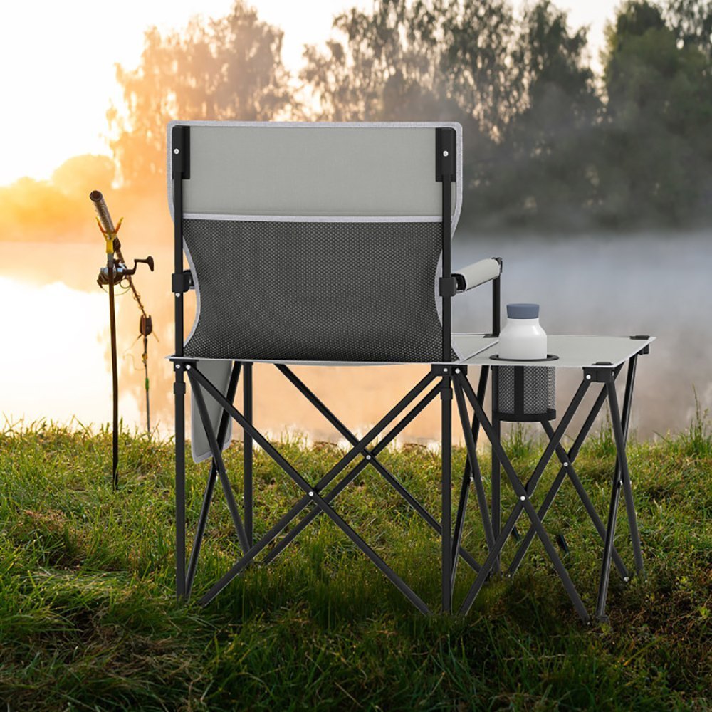 Oversized Camping Chair With Side Table And 2 Storage Pockets PU Coated Oxford Cloth For Camping, RV Trip Or Family Travel