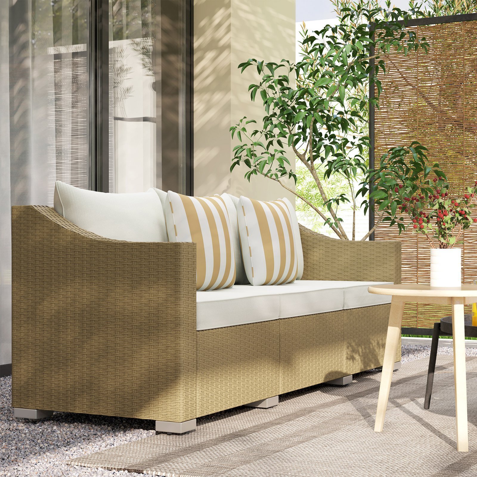 Rattan Wicker 3 Seater Patio Couch With Cushions, 2 Throw Pillows, Outdoor Furniture Rattan Sofa, Cream White - Image 3