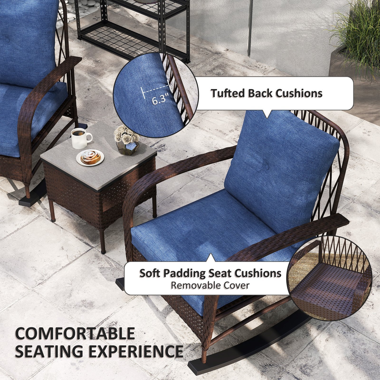 3 Piece Wicker Patio Furniture Set, Outdoor PE Rattan Rocking Chairs With Coffee Table, Cushions For Porch, Brown - Image 2