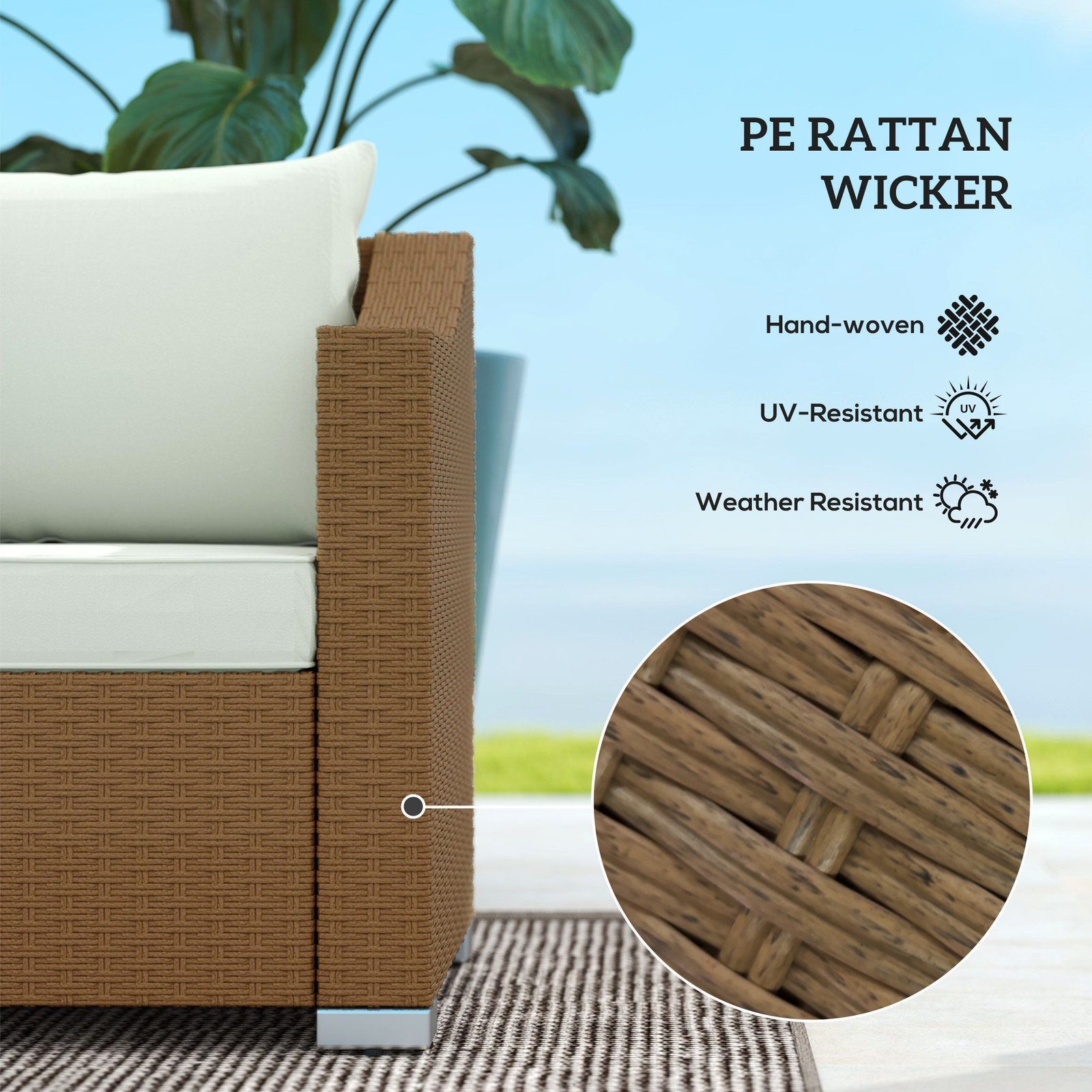 Rattan Wicker 3 Seater Patio Couch With Cushions, 2 Throw Pillows, Outdoor Furniture Rattan Sofa, Light Gray - Image 4
