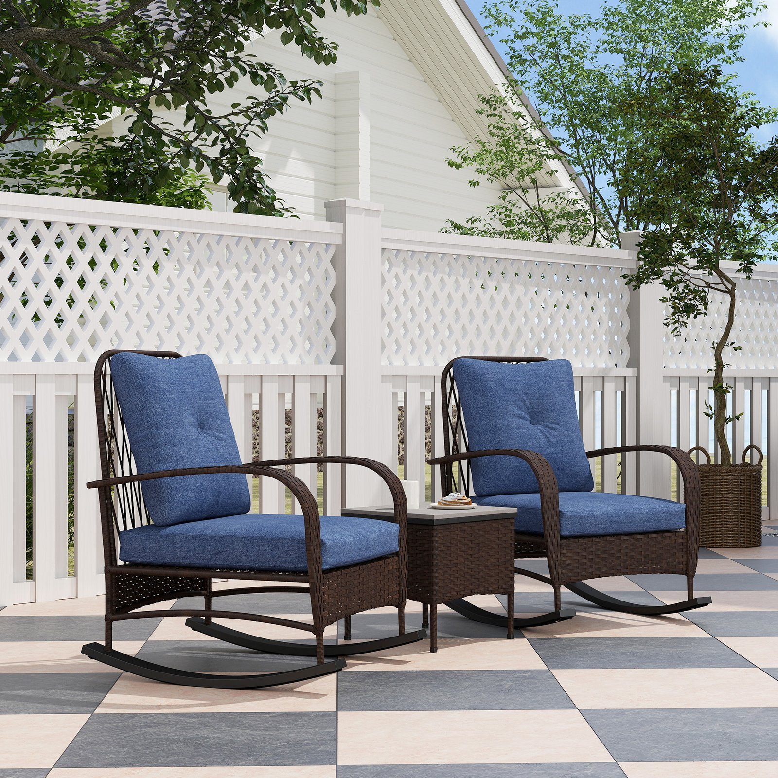 3 Piece Wicker Patio Furniture Set, Outdoor PE Rattan Rocking Chairs With Coffee Table, Cushions For Porch, Brown - Image 3