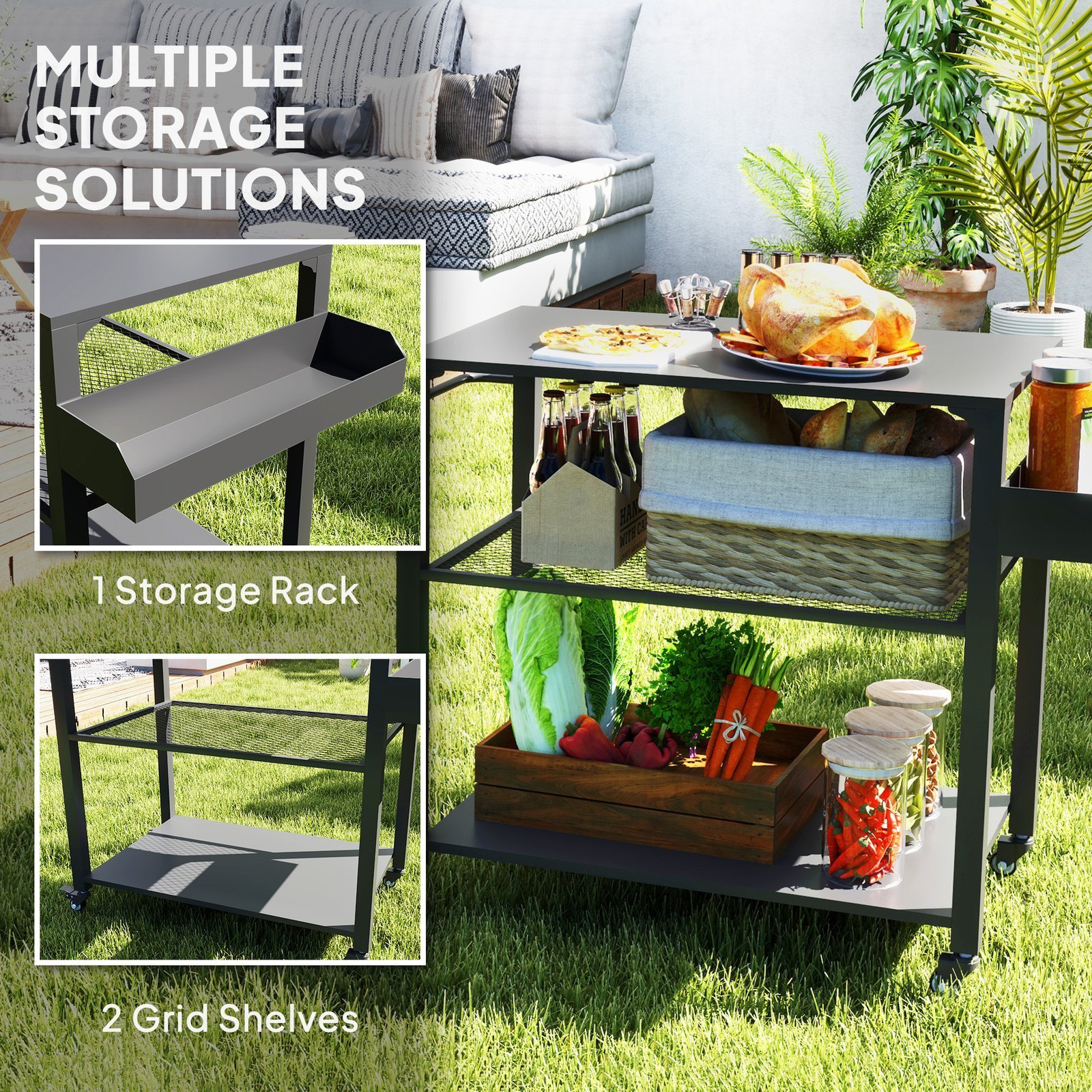 3-Tier Outdoor Grill Cart with Storage Racks, Side Handle, Movable Pizza Oven Table on Wheels - Image 5