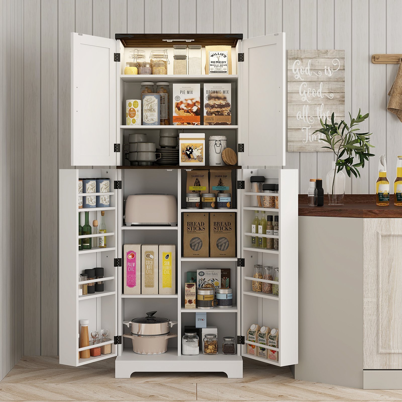 64" Tall Kitchen Pantry Cabinet With Motion Sensor Light, Spice Racks And Adjustable Shelves, White - Image 3