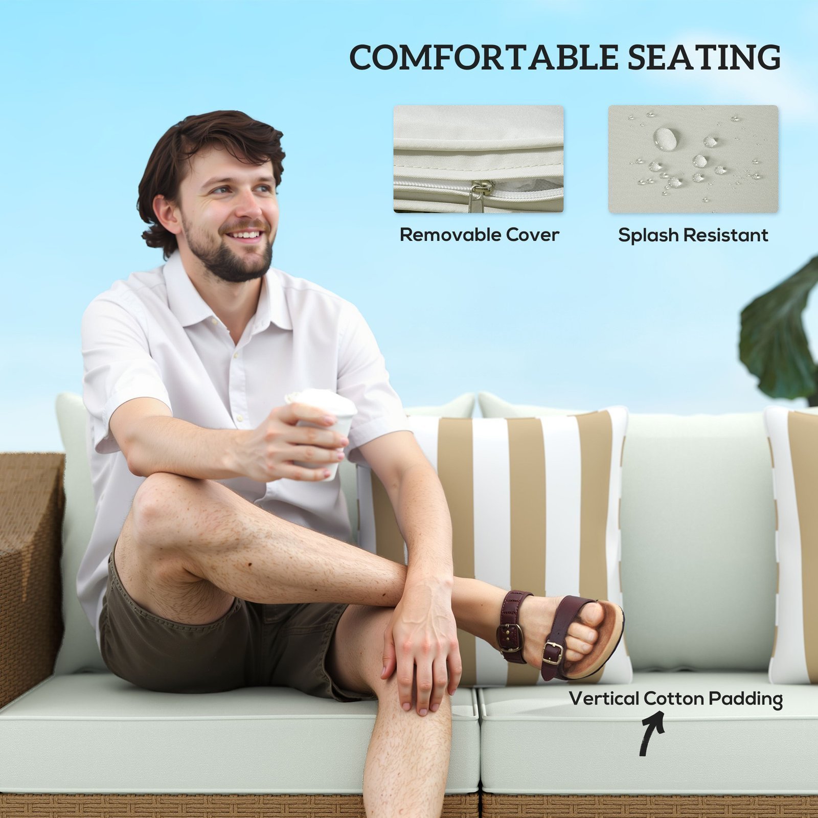 Rattan Wicker 3 Seater Patio Couch With Cushions, 2 Throw Pillows, Outdoor Furniture Rattan Sofa, Light Gray - Image 6