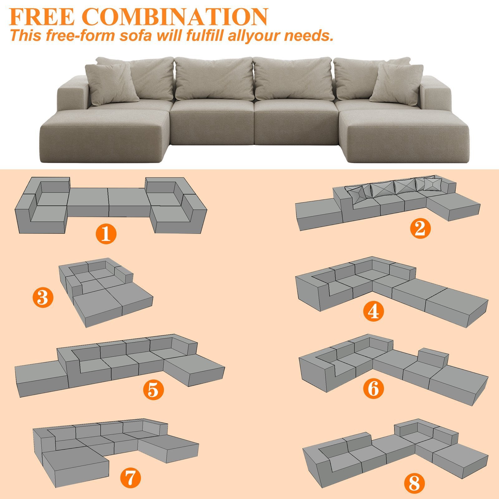 Oversized Sponge Cloud Sofa,Modern Upholstered Sectional Sofa Couch Set,Modular 162 L Shaped Sectional Living Room Sofa Set With 6 Pillows,Free Combination Sofa Couch For Living Room,Bedroom - Image 4