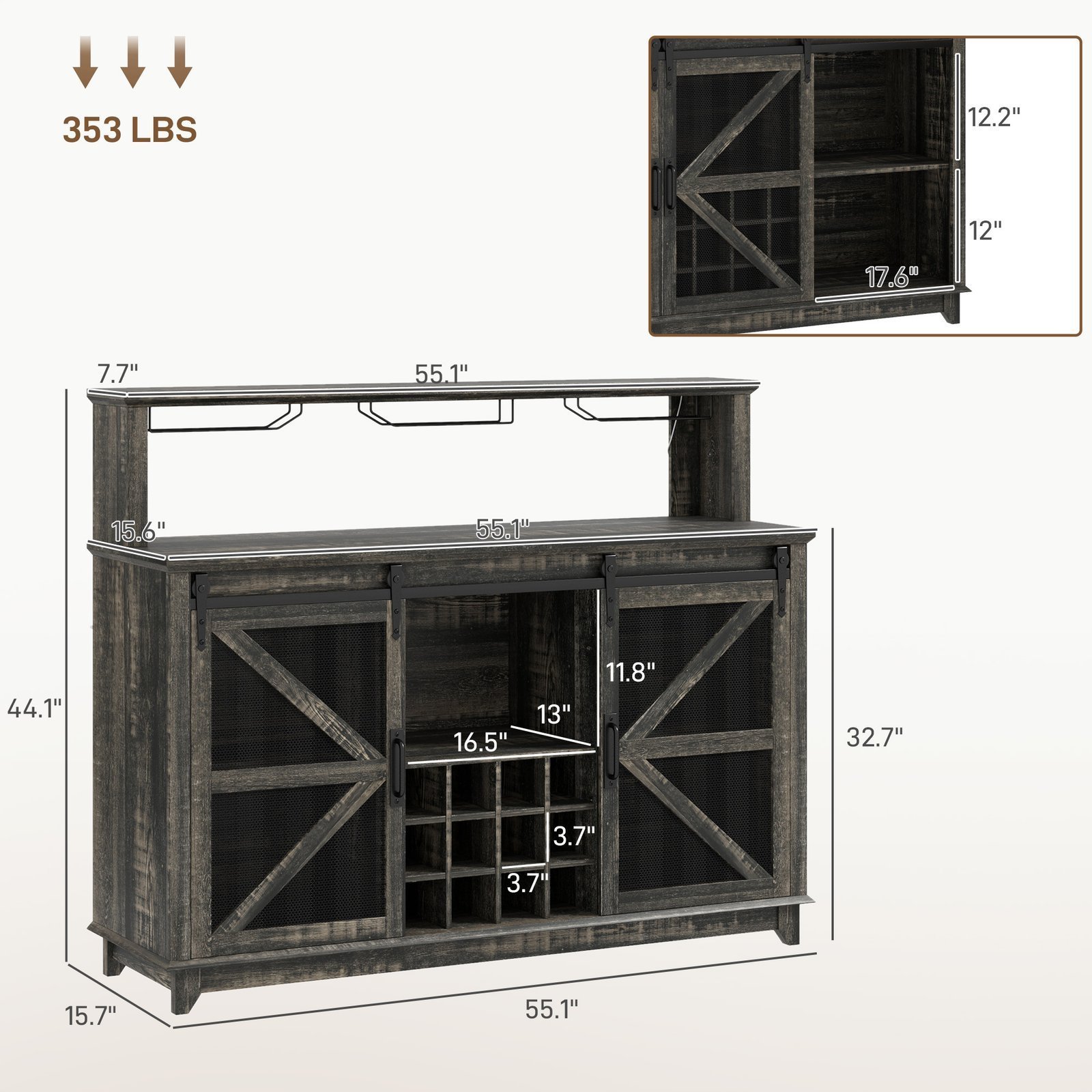 55" Coffee Bar Cabinet with Lights, Farmhouse Wine Cabinet with Wine and Glass Racks for Kitchen, Dining Room, Brown - Image 3