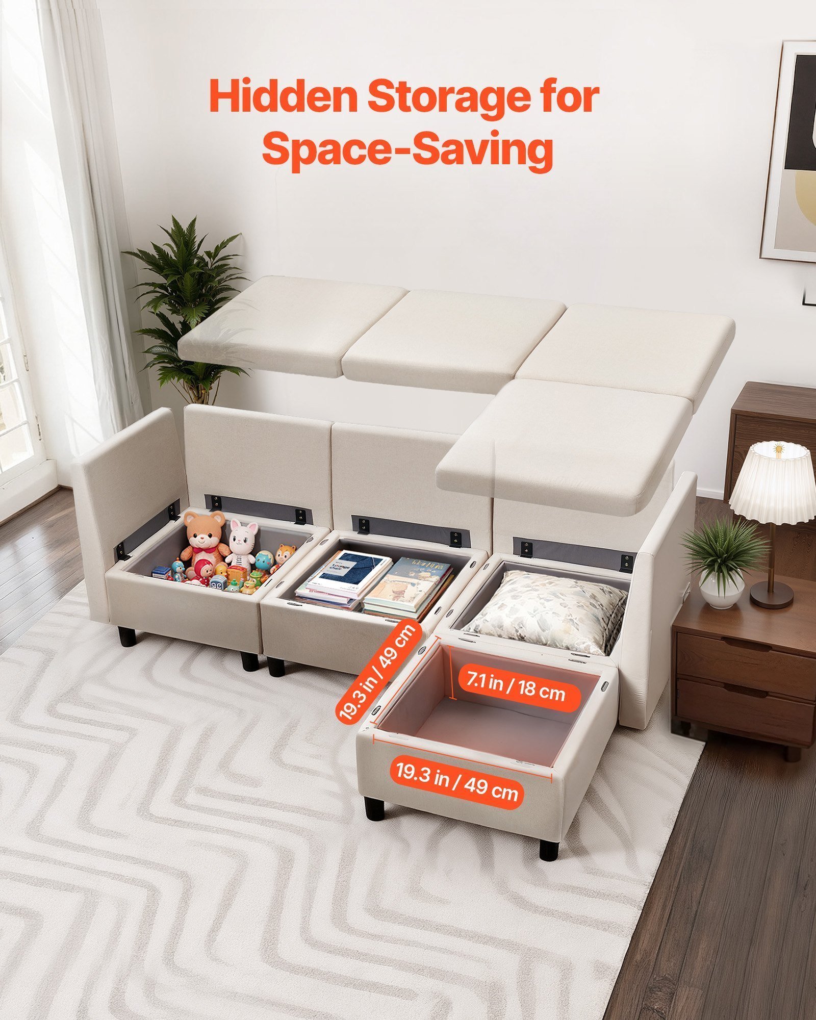 Modular Sectional Sofa, 3-Seater Modular Sofa With Hidden Storage, Cloud Sectional Couch With Ottoman & High Rebound Sponge, Solid Wood Frame Upholstered Couch For Living Room, Bedroom, Beige - Image 4