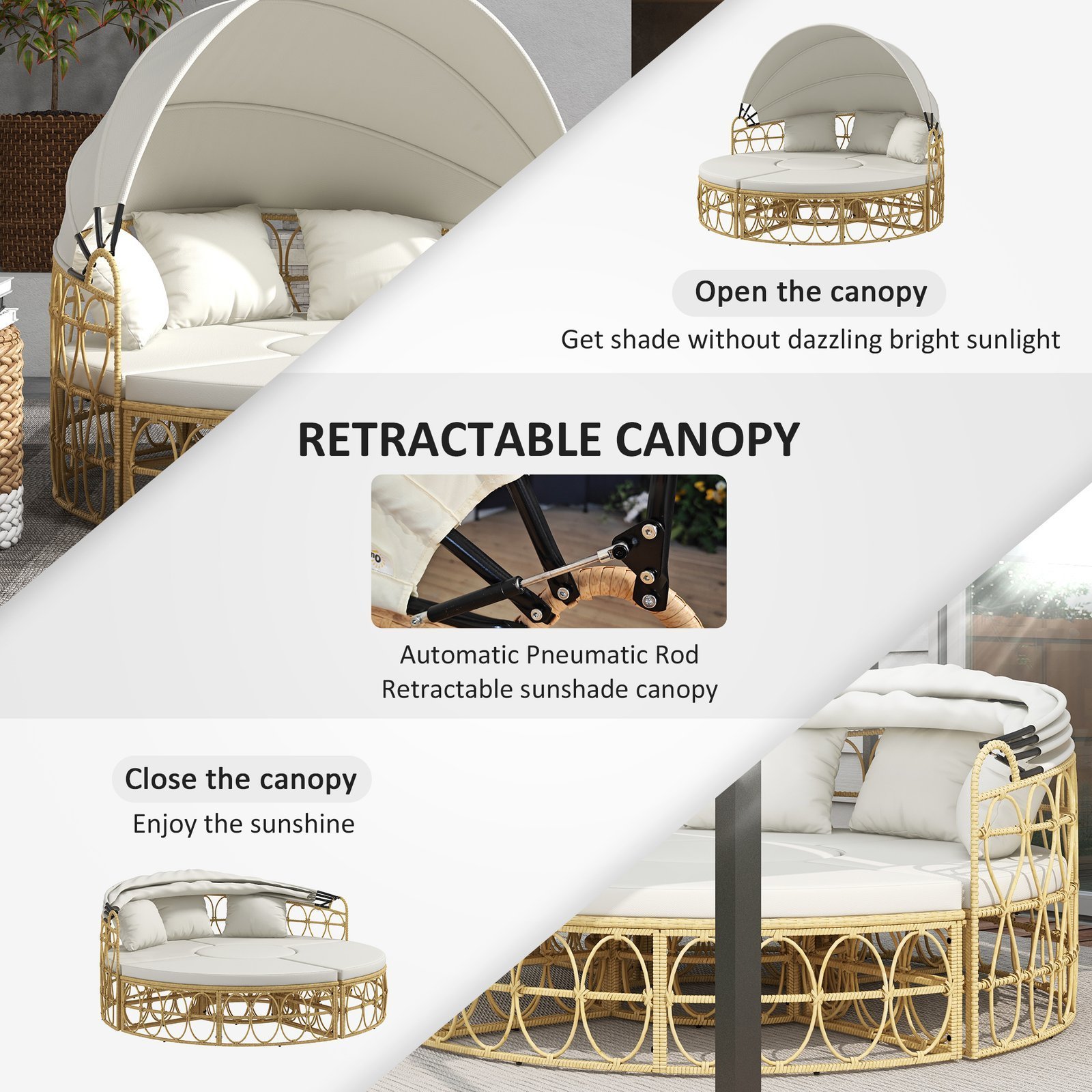 Patio Furniture Set, Round Outdoor Daybed with Retractable Canopy, Hollow Wicker PE Rattan Sectional Sofa with Washable Couch Cushions for Pool, Lawn, Cream White - Image 2