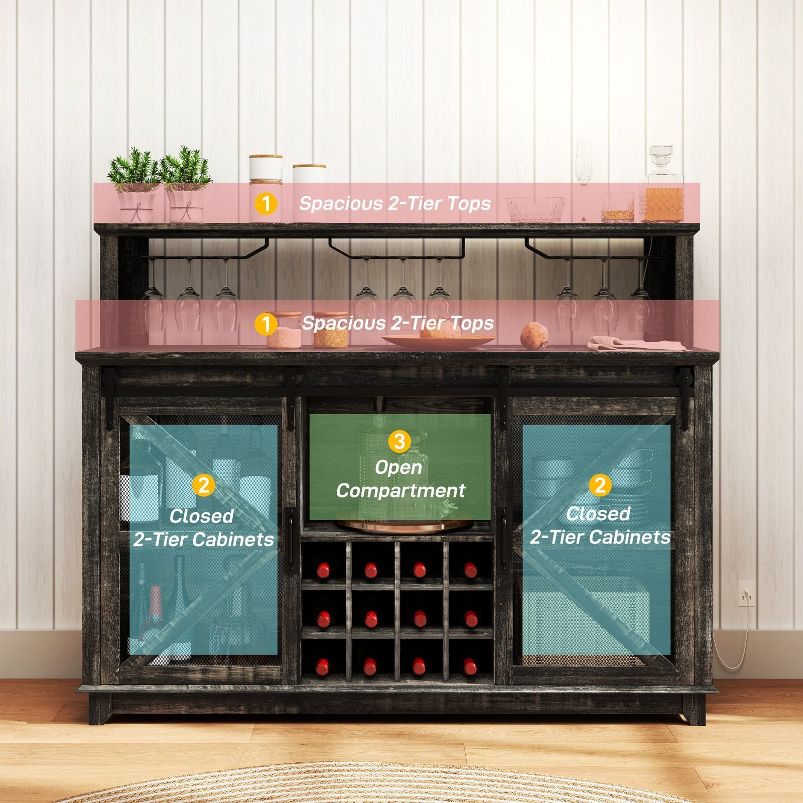 55" Coffee Bar Cabinet with Lights, Farmhouse Wine Cabinet with Wine and Glass Racks for Kitchen, Dining Room, Brown - Image 4