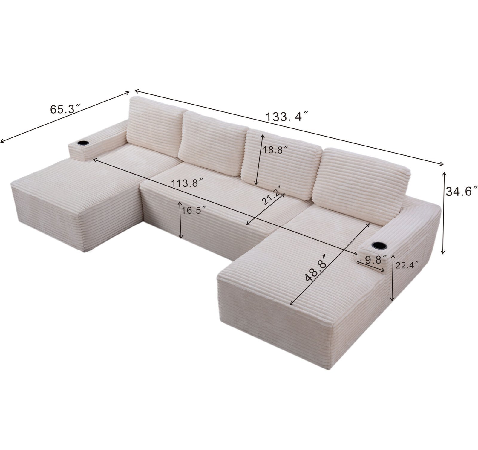 Compressible U-Shaped Sectional Sofa Set,Minimalist Style Modular Sectional Sofa, Corduroy Fabric Cloud Couch For Living Room - Image 4