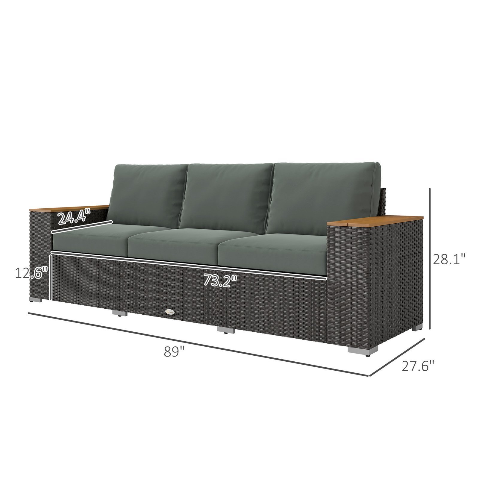 3-Seat Outdoor Patio Sofa With Cushions, PE Rattan Wicker Sofa With Wide Armrests, Outdoor Wicker Couch, Dark Gray - Image 2