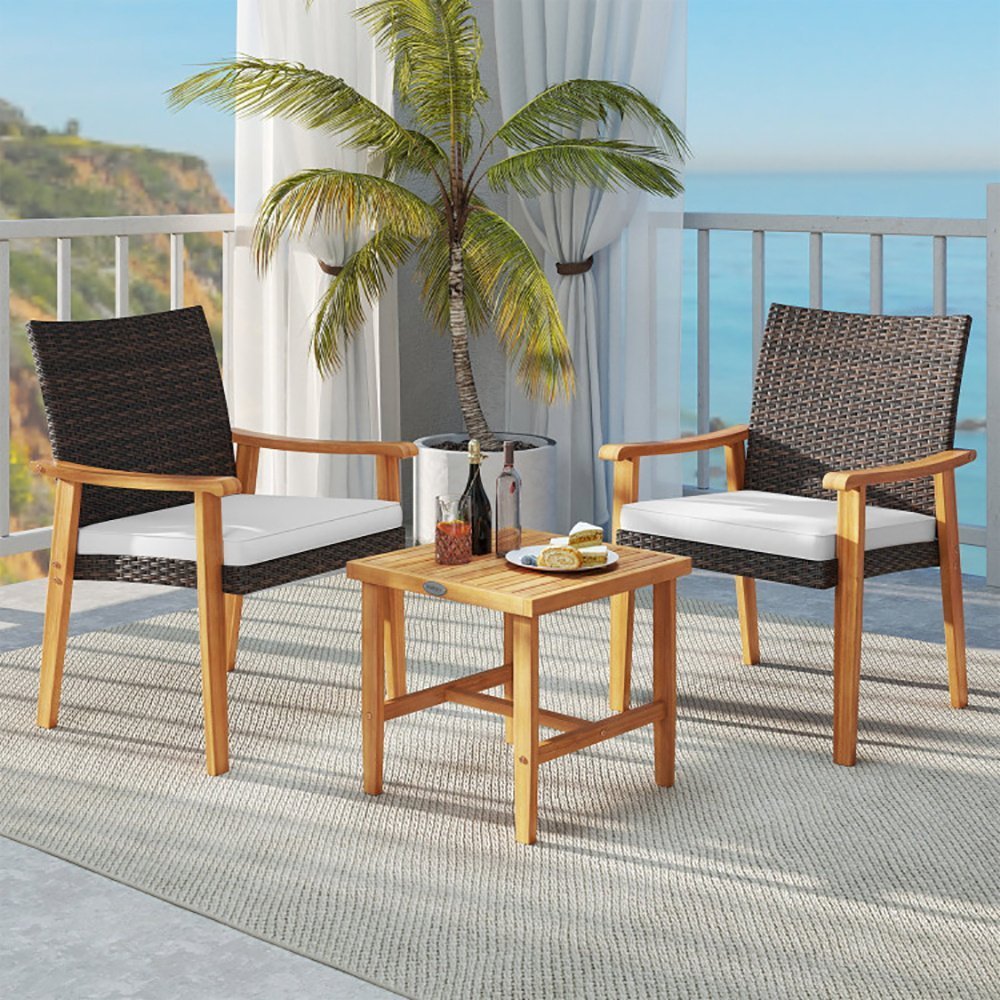 3 Pieces Patio PE Wicker Furniture Set Acacia Wood Outdoor Conversation Bistro Set - Image 10