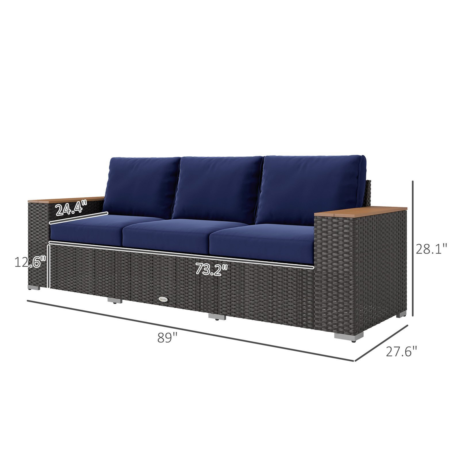 3-Seat Outdoor Patio Sofa With Cushions, PE Rattan Wicker Sofa With Wide Armrests, Outdoor Wicker Couch, Navy Blue - Image 6