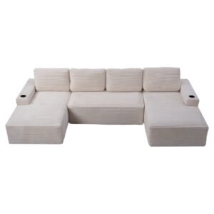 Compressible U-Shaped Sectional Sofa Set,Minimalist Style Modular Sectional Sofa, Corduroy Fabric Cloud Couch For Living Room